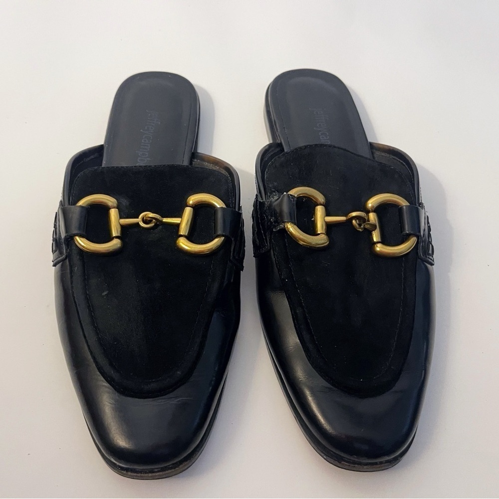 Jeffrey Campbell Suede Upper Black Mules with Gold Buckle Academua Fall